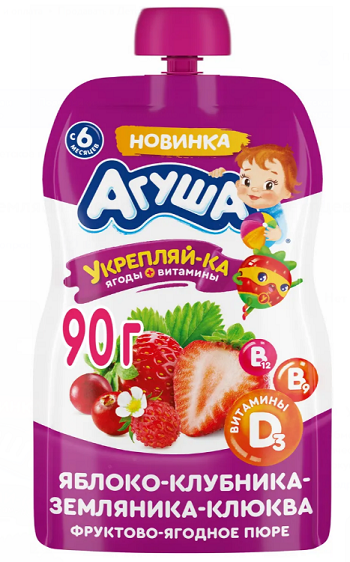 Фотогрфия Пюре фруктовое Агуша яблоко-клубника-клюква 90г (пауч) ВБД - Market#22