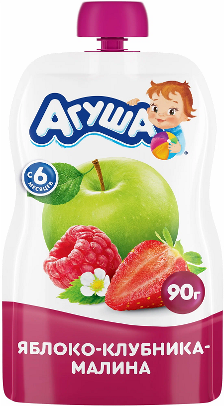 Фотогрфия Пюре фруктовое Агуша яблоко-клубника-малина 90г (пауч) ВБД - Market#22