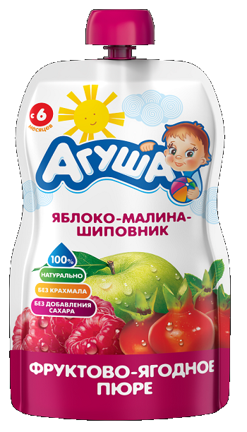 Фотогрфия Пюре фруктовое Агуша яблоко-клубника-шиповник 90г (пауч) ВБД - Market#22